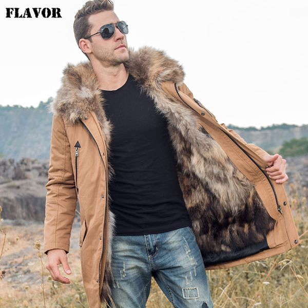 

flavor men's down jacket men real fur parka with removable raccoon fur liner hood winter long warm down coat, Black