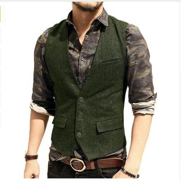 

men's suit vest v neck wool herringbone tweed casual waistcoat formal business vest groomman for green/black/brown/coffee, Black;white
