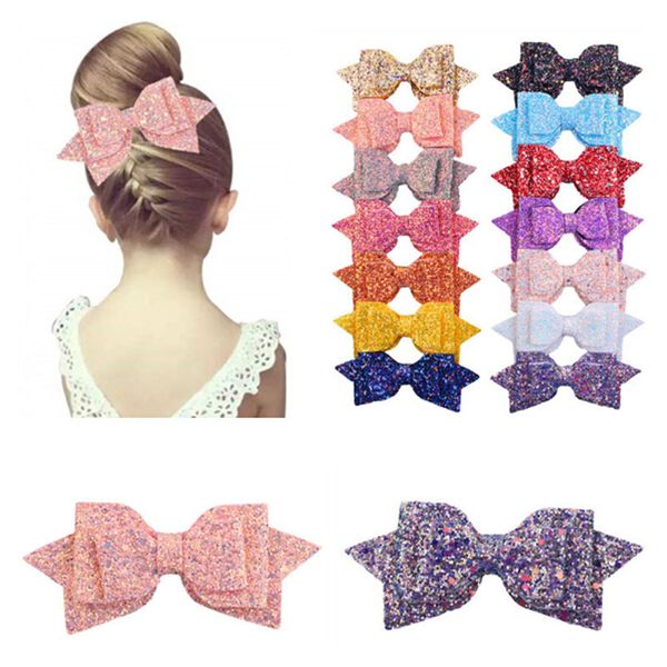 

5pcs 5" big boutique glitter synthetic leather hair bows girls kids hair clips colorful cute girls gift kids accessories
