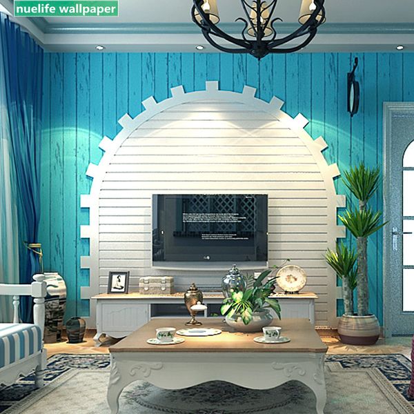 

blue mediterranean style wood pattern non-woven clothing store cafe study living room bedroom kids room tv background wallpaper