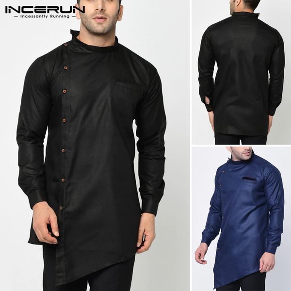 

men long shirts man irregular kaftan dress shirt casual solid color blouse fit stand collar button muslim camisa plus size, White;black