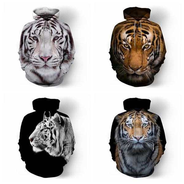 

men 3d digital print zipper cardigan male long sleeve sweater hooded fleece tiger hoodies & sweatshirts jacket coat thick clothing, Black