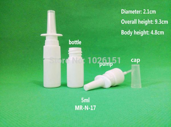 Ücretsiz kargo 100 adet / grup pompa kapağı ile 5 ml nazal sprey şişeleri, plastik boş nazal sprey pompası şişesi 5 ml, şişeler burun püskürtücü