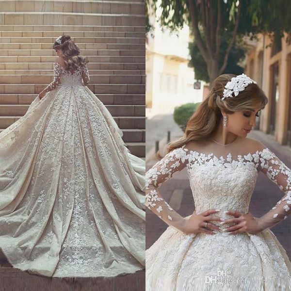 

2018 new gorgeous sheer neck lace wedding dresses long train long sleeves crystals ruffles appliques tulle wedding dresses, White
