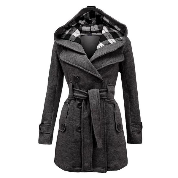

winter hooded belt double-breasted coat blends pockets long thick coat womens casual overcoat outerwear long jacket, Black