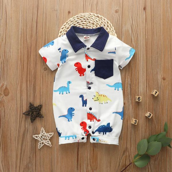 

baby romper dinosaur print boy girl jumpsuits outfits clothes turn-down collar single-breasted pocket decoration soft feeling, Blue