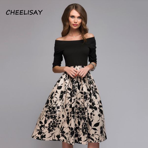 

women spring summer floral printed patchwork dress women off shoulder party vestidos female slash neck casual dresses, Black;gray