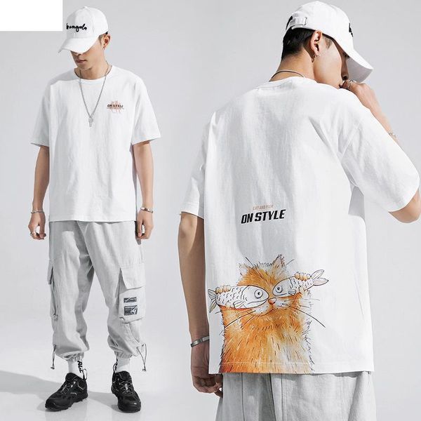 

fashion street tide hip-hop male t-shirt summer new round neck cotton cat print loose plus size short-sleeved male t-shirt s-5xl, White;black