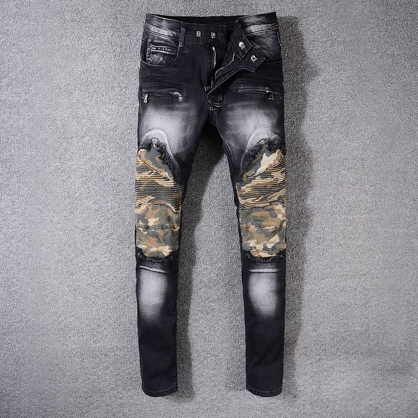 

2018 new french style fashion men's jeans blue color skinny fit spliced ripped jeans high street destroyed biker denim jeans
