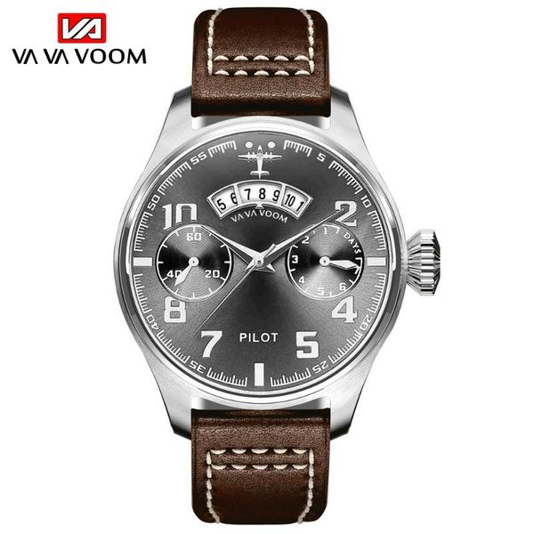 

va brand casual pilot men creative watch quartz leather strap waterproof date calendar sport wristwatch men gift, Slivery;brown