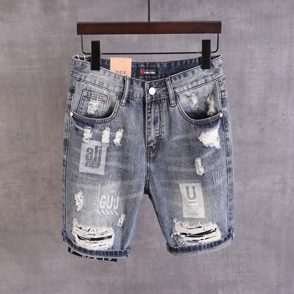 

mcikkny summer men's ripped straight fit short jeans printed retro deim shorts for male hip hop, Blue