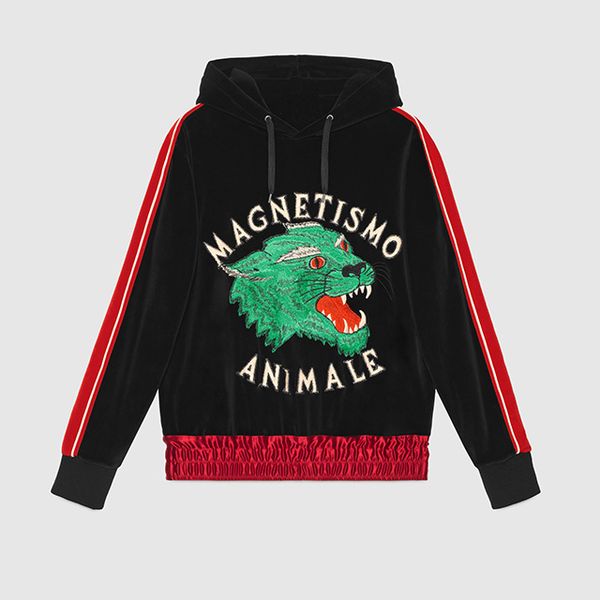 

mens fashion designer brand clothes mens italy silk wolf print striped sleeve velvet hoodies pullover hooded sweatshirt, Black