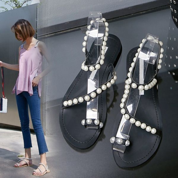 

40-43 big yards sandals bohemian pearl europe leather shoes xia jiping bottom folder toe sandals tide, Black