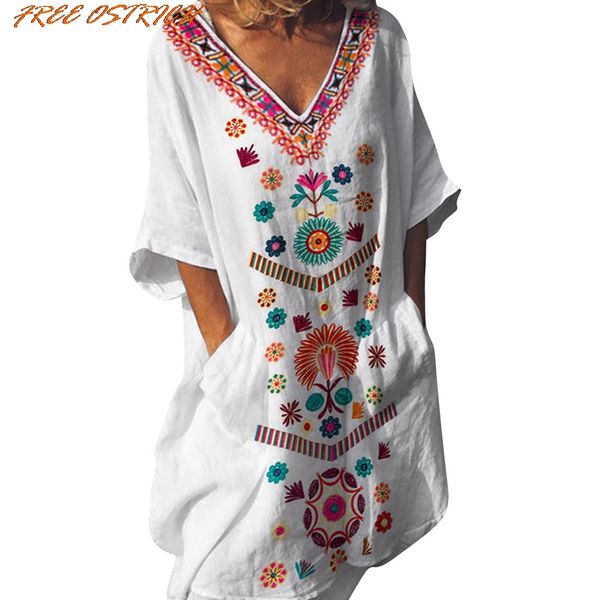 

ostrich women bohemian floral print pockets v-neck casual flare loose dress women dresses summer 2019 new arrivals, Black;gray