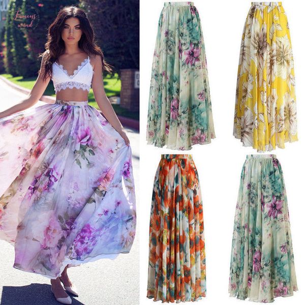

2019 floral summer ladies floral jersey gypsy long maxi full skirt summer pretty floral beach sundress dropshipping, Black