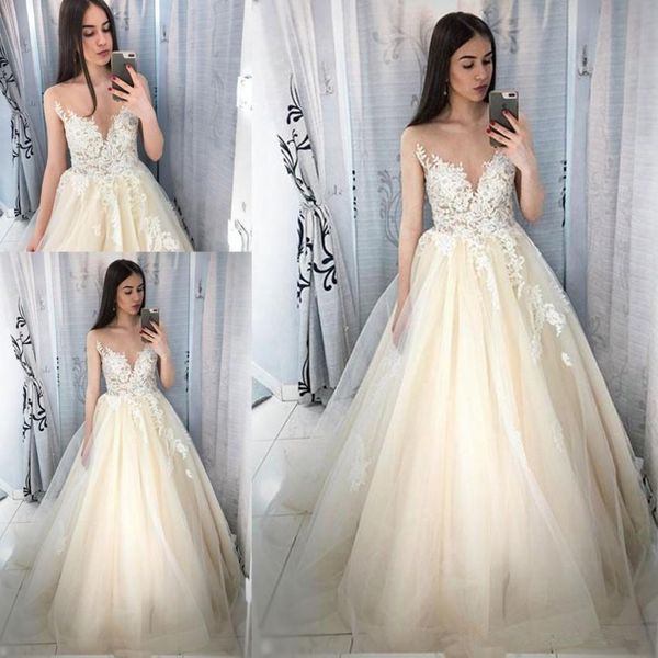 

elegant design simple wedding dresses jewel neck a-line sweep train lace up back long skirt bridal gowns applique wedding gowns 247, White