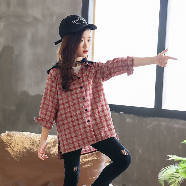 

girls autumn 2019 long hooded medium and large children single-breasted shirt shirt women's fashion, White;black