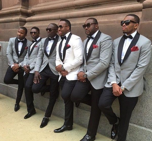 

one button slim fit groom tuxedo white/light grey jacket+pants mens tuxedos with black lapel men suits custom made groomsmen suits, White;black