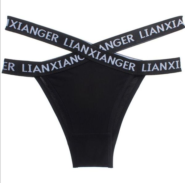 

soft ice silk thong panties sports letter print cross strap underwear women's g-string underpants bikini low waist super elasticity, Black;pink