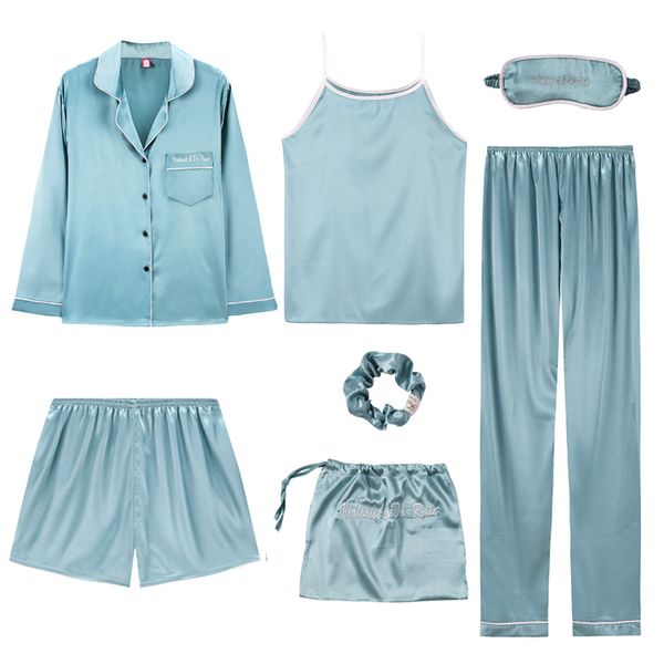 

7 pieces pajamas set women autumn winter mulberry sleepwear casual women silk pajama sets pink nightwear sling, Blue;gray