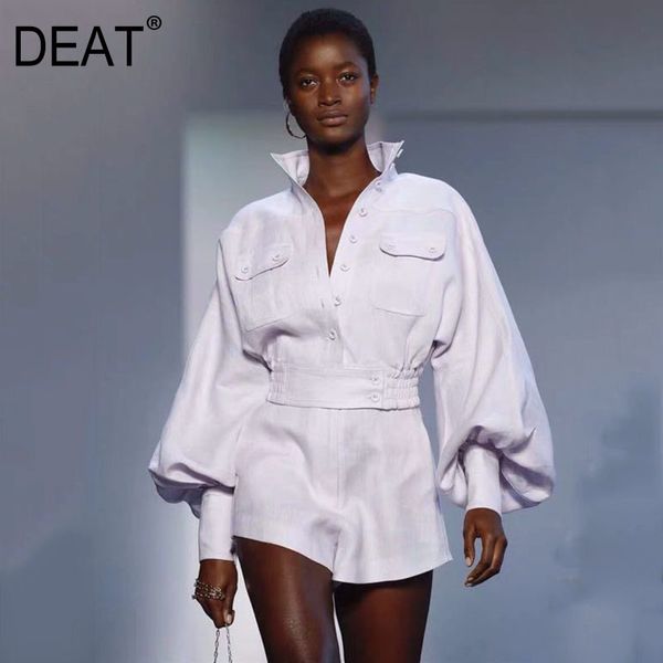 

deat 2019 new fashion women clothing turn-down collar lantern sleeves shirt and short high waist shorts pants set wd35400l, White