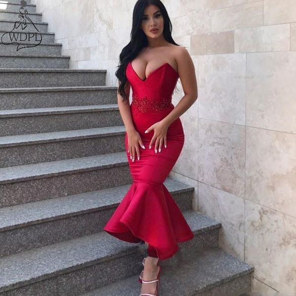 

vintage short mermaid prom dresses 2019 v neck -length evening dress appliques red african maid of honor gowns cheap, White;black