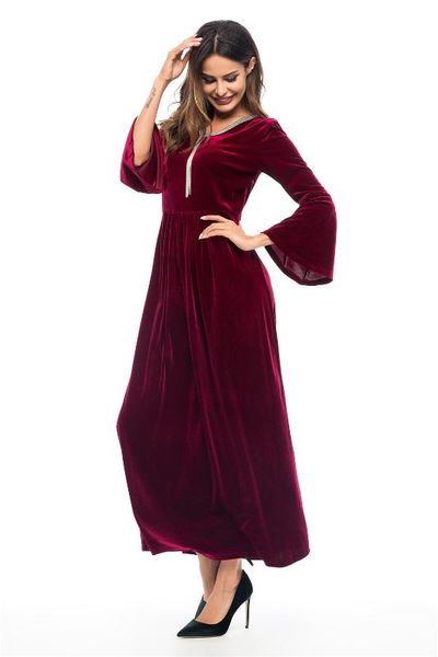 

мода повседневной printed абай длинных рукавов фонарик лук лоскутные мусульманские женщины платье o-образный вырез сыпучей элегантная женщин, Red