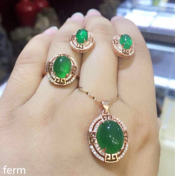 

kjjeaxcmy boutique jewels 925 sterling silver inlay pure natural green jade pendant ring earrings 3 sets flowers flow curve new, Black