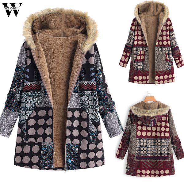 

womail womens coats women fur collar zipper and velvet printed long button coat outwear coat women abrigo 2019 m-5xl, Black
