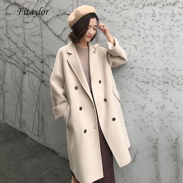 

fitaylor winter warm woolen trench long coats women thick double breasted loose turndown collar overcoat female casual outwear, Black