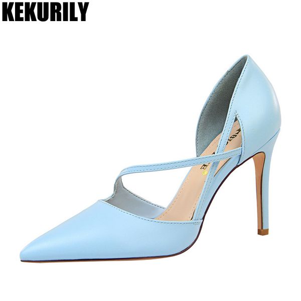 

high heels woman pumps leather sandals pointed toe pump shallow hollow shoes heel slides sandalias mujer black light blue gray