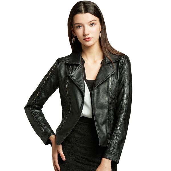 

nxh punk rivet leather jacket turn down collar faux leather coat women motor biker jackets sequins outfit bright streetwear, Black