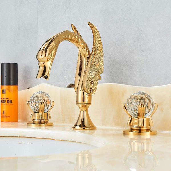 

оптовая и розничная торговля широко распространенный кран раковины ванной комнаты полированный золотой лебедь две стеклянные ручки 3 отверст