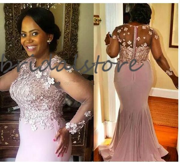 

dusty plus size mother of the bride dresses mermaid long sleeve formal evening gown o neck applique floor length chiffon african dress 2020, Black;red