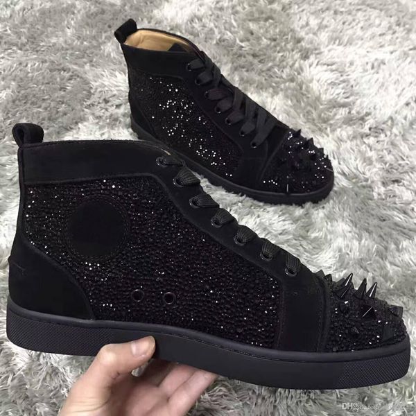 

brand designer high red bottom mens luxury pik pik spikes men,women suede leather & strass sneakers lace-up casual shoes eu35-47 sh, Black