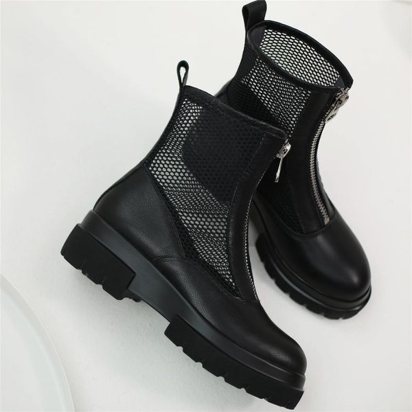 

plus size 34-42 women's genuine leather mesh patchwork front zip flats ankle boots leisure punk summer breathable boots shoes, Black