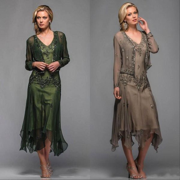 

tea length mother of the bride dress with bolero jacket sparkly appliques chiffon 2020 plus size evening wedding party gowns, Black;red