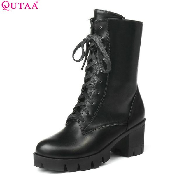 

qutaa 2019 pu leather women ankle boots square high heel platform round toe winter boots women shoes big size 34-43, Black