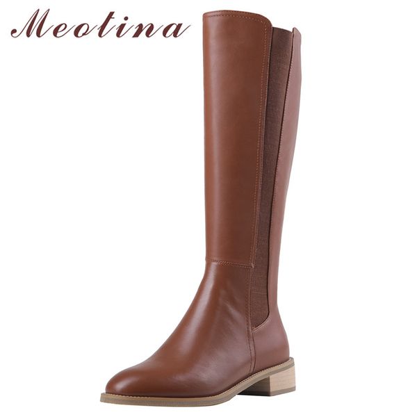

meotina autumn riding boots women natural genuine leather chunky heel knee high boots zipper round toe long shoes lady winter 39, Black