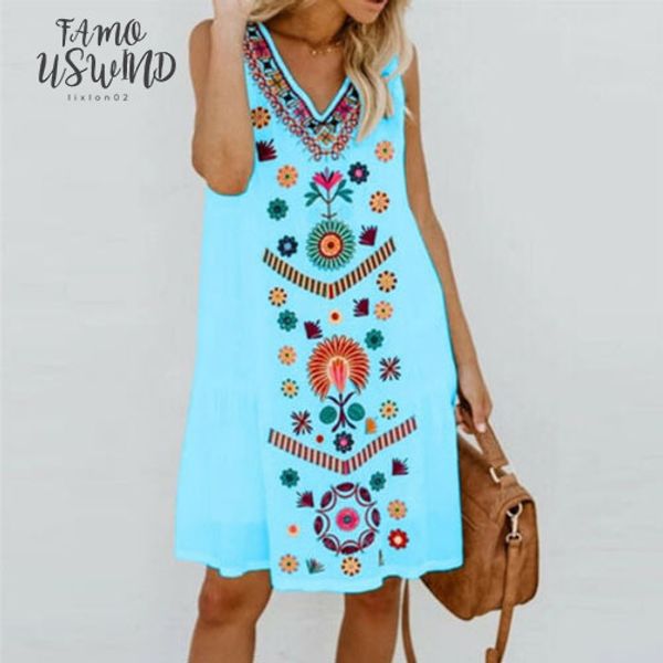 

women sleeveless boho dress v neck floral print ladies polyester summer causal beach loose dress solid plus size 3xl dresses vestido, Black;gray