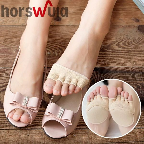 

horswula invisible full half finger socks womens cotton non slip toe padded five-finger socks for fish mouth shoes drop shipping, Black;white