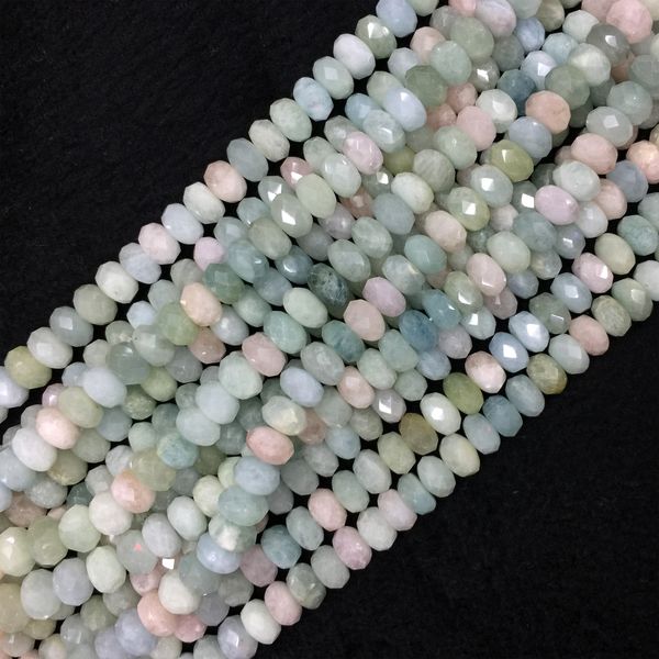 

natural genuine green pink blue aquamarine beryl morganite hand cut loose gemstone faceted rondelle beads 16" 05909, Black