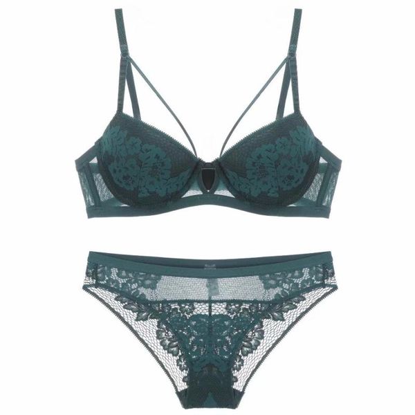 

lace floral embroidery push up women lingerie sets side gather thicken underwear set french hollow out young girls bra set, Red;black