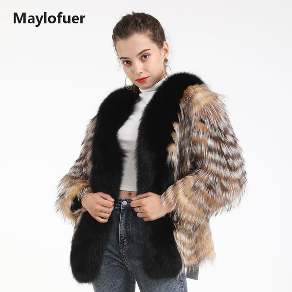 

maylofuer real fur collar coat, golden fur strips jacket, Black