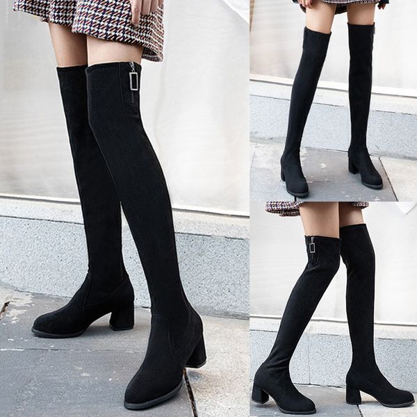 

women shoes ladies boots elastic winter over knee length shoes square zipper pandent round toe med heels long boots, Black