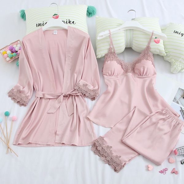 

missyou summer new 3 pcs set women silk pyjama stain lace sleepwear with chest pad pajamas, Black;red