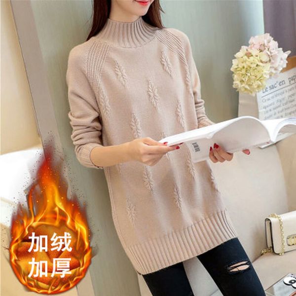 

женский свитер новый стиль свободное среднее длинное пальто осень зима полу-высокий воротник трикотажное основание свитер, White;black