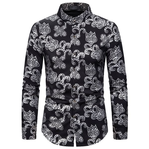 

klv shirts mens autumn fashion shirts casual long sleeve beach loose casual blouse gold print camisas masculina, White;black
