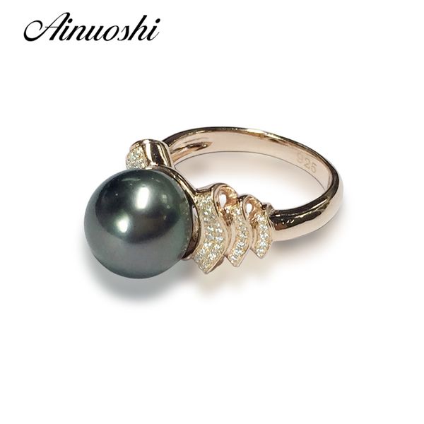

ainuoshi 925 sterling silver yellow gold color women wedding ring black cultured pearl tahiti 10mm pearl anniversary lover rings y200106, Slivery;golden