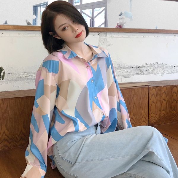 

2020 retro loose print chiffon blouse women long-sleeved shirt fashion casual female blouse top, White